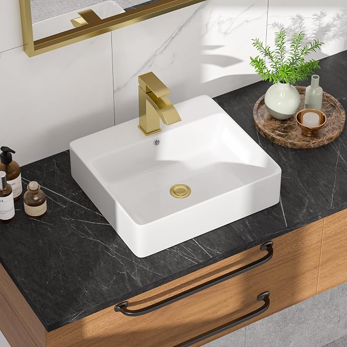 White Rectangle Vessel Sink, 18"W x16"D Bathroom Sink Above Counter Modern Porcelain Ceramic Vessel Sink, Vanity Art Basin for Bathrooms
