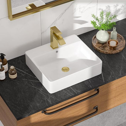 White Rectangle Vessel Sink, 18"W x16"D Bathroom Sink Above Counter Modern Porcelain Ceramic Vessel Sink, Vanity Art Basin for Bathrooms