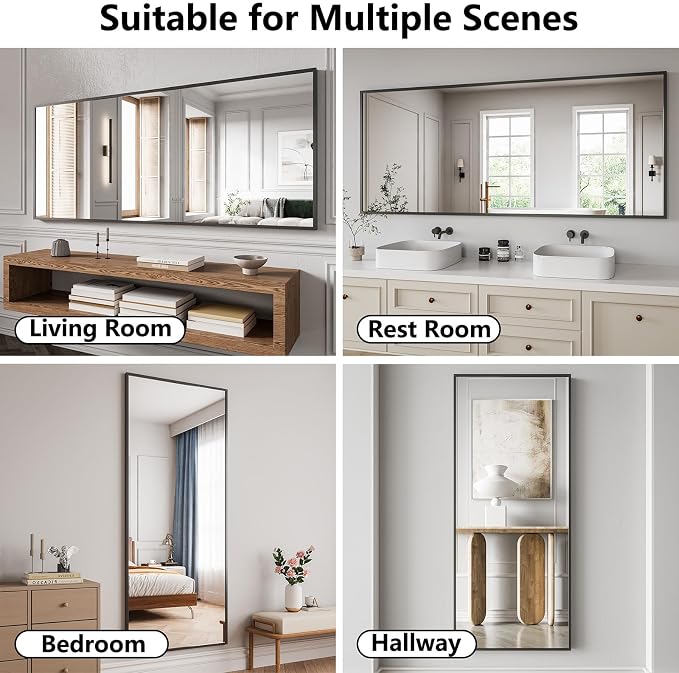 Koonmi Bathroom Mirror 30x71 Matte Black Bathroom Wall-Mounted Mirrors, Modern Rectangle Vanity Mirror, HD Tempered Glass, Aluminum Alloy Frame Allow to Hang Horizontally or Vertically
