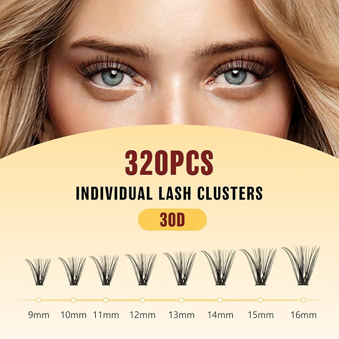 QUEWEL Lash Clusters Kit, 320 Pcs 30D Lash Cluster Eyelash Extensions | 9-16mm Lash Clusters Wispy Kit with Eyelash Clusters Bond and Seal Glue Remover Tweezers (30D Kit)