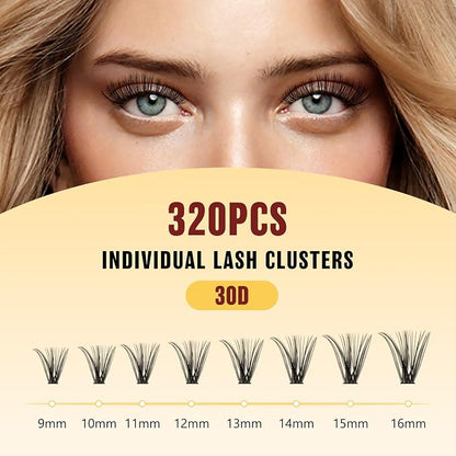 QUEWEL Lash Clusters Kit, 320 Pcs 30D Lash Cluster Eyelash Extensions | 9-16mm Lash Clusters Wispy Kit with Eyelash Clusters Bond and Seal Glue Remover Tweezers (30D Kit)