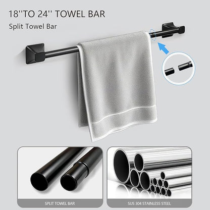 5-Piece Matte Black Bathroom Hardware Set, SUS304 Stainless Steel Wall Mounted Towel Rack Set, 24 Inch Towel Bar, Towel Ring, Toilet Paper Holder, 2 Towel Hooks, Multipurpose Bathroom Accessories
