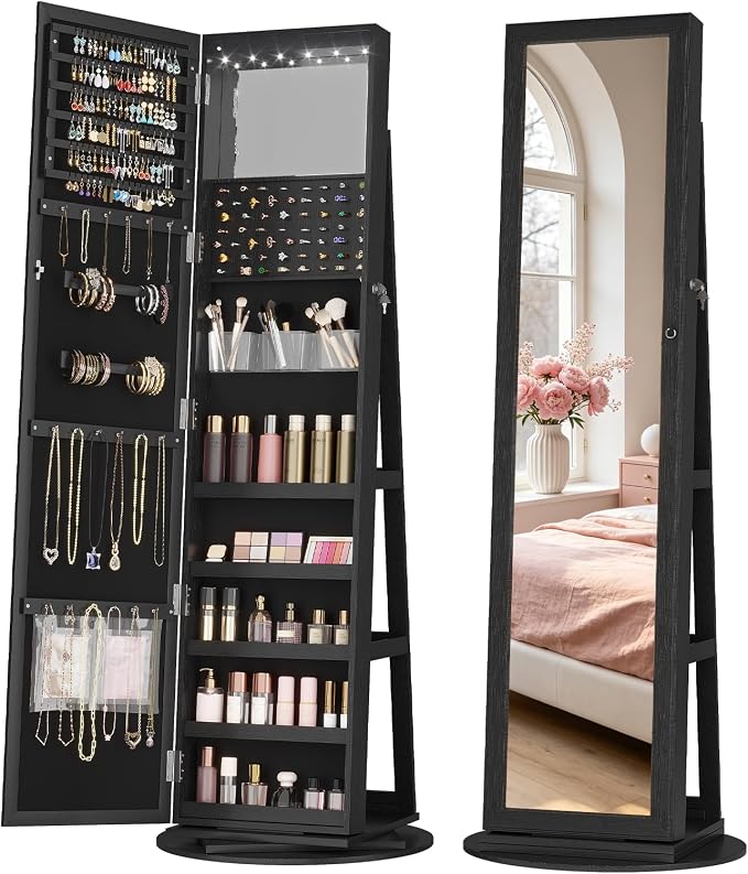 LVSOMT LED Jewelry Cabinet Standing, 360° Swivel Jewelry Armoire, Black | Full Length Mirror with Storage, 3 Rear Shelves, Internal Mirror, 3 Color Lights, Lockable for Bedroom, Women Girls Gift