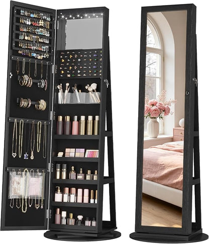 LVSOMT LED Jewelry Cabinet Standing, 360° Swivel Jewelry Armoire, Black | Full Length Mirror with Storage, 3 Rear Shelves, Internal Mirror, 3 Color Lights, Lockable for Bedroom, Women Girls Gift