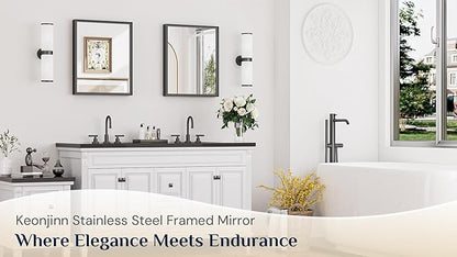 Keonjinn 16 x 20 Inch Small Stainless Steel Framed Mirror, Matte Black Bathroom Mirrors for Over Sink, Anti-Rust, Curved Edge, Shatter-Proof Tempered Glass, Square Rectangle Bathroom Vanity Mirror