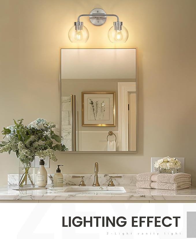 zeyu 2-Light Wall-Mount Vanity Light with Clear Globe Glass, ZS62BG-2W BN | Brushed Nickel Vanity Lighting, Hardwired, 2 E26 Bulbs Up To 60W Each, Clear Globe Glass Shades, For Bathroom Mirror