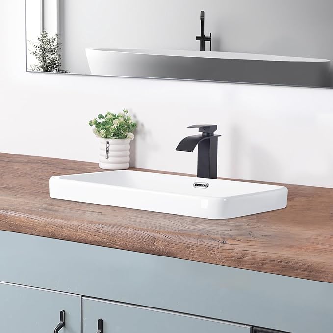 Bathroom Vessel Sink 23.2" X 15.5" Semi Recessed Bathroom Sink Rectangular Drop In Bathroom Sinks with Overflow White Ceramic Vessel Sinks for Bathroom Modern Above Counter Basin Vanity Sink