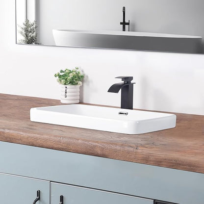 Bathroom Vessel Sink 23.2" X 15.5" Semi Recessed Bathroom Sink Rectangular Drop In Bathroom Sinks with Overflow White Ceramic Vessel Sinks for Bathroom Modern Above Counter Basin Vanity Sink