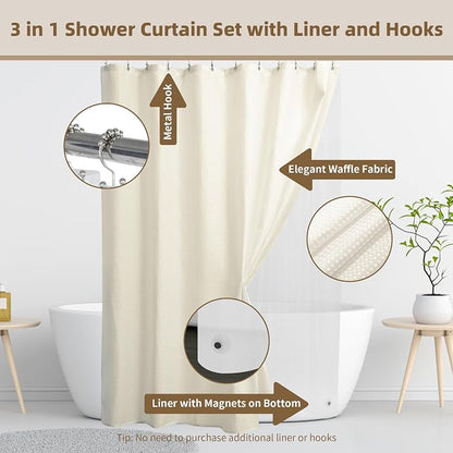 Siiluminisoy Shower Curtain and Liner Set, Waffle Shower Curtain Set with 12 Stainless Steel Hooks, Waterproof Luxury Fabric Shower Curtains for Bathroom and Hotel, Cream, 72" W x 84" H