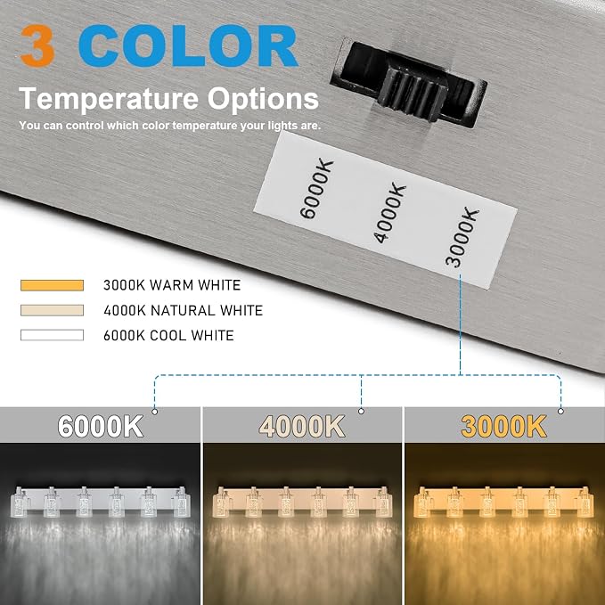 SineRise Vanity Light with 3 Color Modes (3000K/4000K/6000K), Eye Protection LED Bathroom Light Fixture, Dimmable Modern Wall Light Over Mirror with Clear Glass Shade (Chrome, 6-Light)