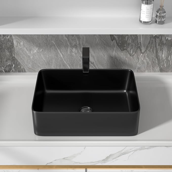 19"x15" Black Bathroom Vessel Sink Rectangular - Matte Black Porcelain Ceramic Rectangle Above Counter Vanity Lavatory Bath Sink Art Basin