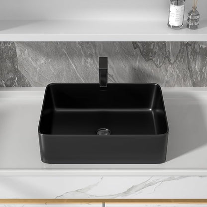19"x15" Black Bathroom Vessel Sink Rectangular - Matte Black Porcelain Ceramic Rectangle Above Counter Vanity Lavatory Bath Sink Art Basin