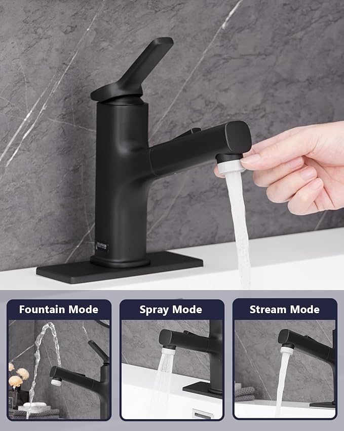 Pull Out Bathroom Faucet, Single Handle Bathroom Sink Faucet with Pull Out Sprayer, Bathroom Faucet for Sink, with Pop-up Drain & Deck Plate 1 or 4-inch Centerset 3 Hole, Matte Black