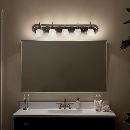 Kichler 5-Light Bathroom Vanity Light, Tannery Bronze | Traditional vanity light with satin etched glass for bathroom mirrors (36" x 8" x 8"), 5339CHS