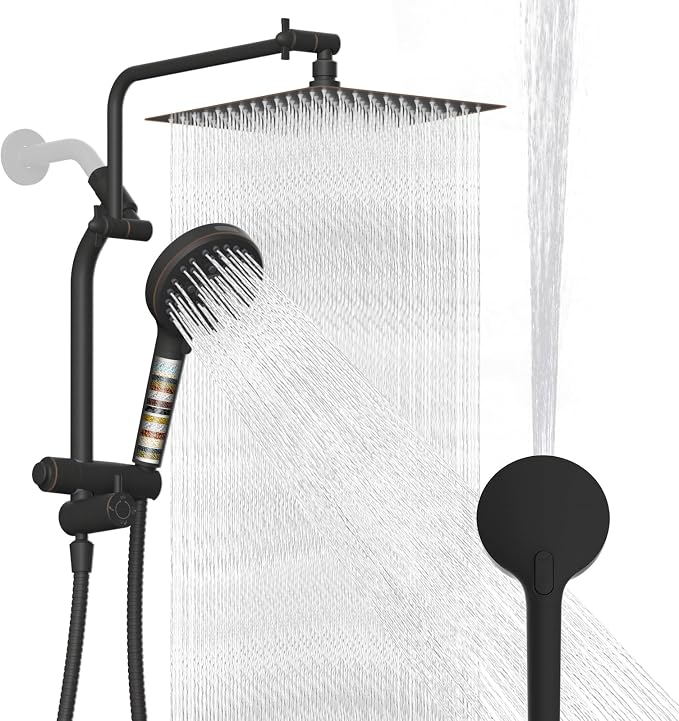 Metal 12" Rain Showerhead with 10-Spray Handheld, Easy Reach 4-way Diverter | Oil Rubbed Bronze Finish, NSF/ANSI/CAN 372 Certified, High Pressure Shower Head with Pause Mode, 71" Hose/12" Extension Arm