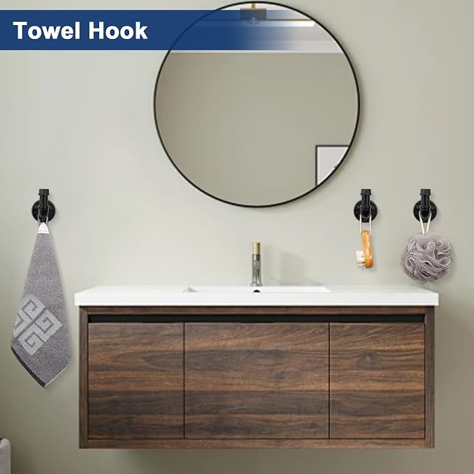 NearMoon 5-Pieces Industrial Pipe Bathroom Hardware Set, Include Towel Bar, Toilet Paper Holder and 3 Robe Hooks, Heavy Duty DIY Style Wall Mounted Rustic Decor Accessories Kit (Black, 24 Inch)