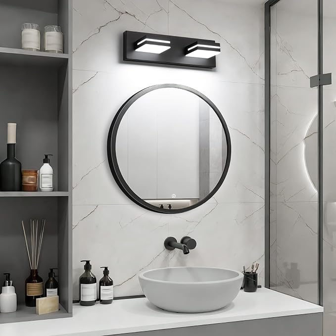 SineRise LED Modern Bathroom Vanity Light Fixtures, Modern Acrylic Bathroom Wall Lighting Fixtures Over Mirror, 2-Light, 15.5-Inch, Black, White