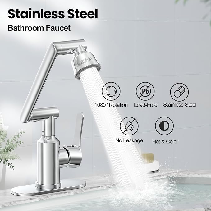 Stainless Steel Bathroom Sink Faucet, 1080° Rotatable, Silver | Fit 1 Hole Sink, 4 Water Outlet Modes, Three-stage Rotating Design, Flexible Adjustment, Anti-Rust, No Leakage, Single Handle