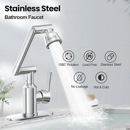 Stainless Steel Bathroom Sink Faucet, 1080° Rotatable, Silver | Fit 1 Hole Sink, 4 Water Outlet Modes, Three-stage Rotating Design, Flexible Adjustment, Anti-Rust, No Leakage, Single Handle
