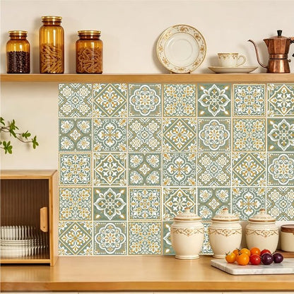 36Pcs 9 Styles Bohemian Peel and Stick Tile 4 x 4 Inch Ceramic Tile Decals Square Green Boho Style Waterproof PVC Decals for Kitchen Bathroom Backsplash Furniture Staircase DIY Home Decor