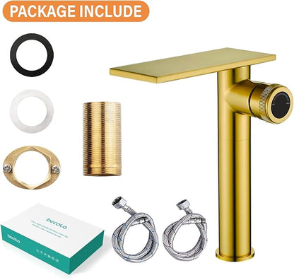 Becola Modern Brushed Gold Tall Waterfall Basin Mixer Tap with Adjustable Knobs and Two Supply Lines