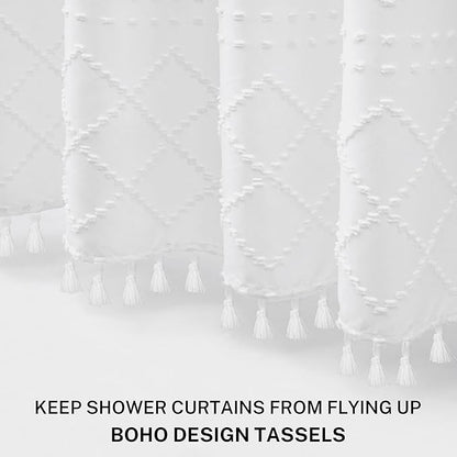 Stall Boho White Woven Fabric Shower Curtain with Tassels 42 x 72 Modern Farmhouse Minimalist Tufted Chevron Striped Shabby Chic Textured, Water Resistant Curtain for Bathroom, Hotel Decor