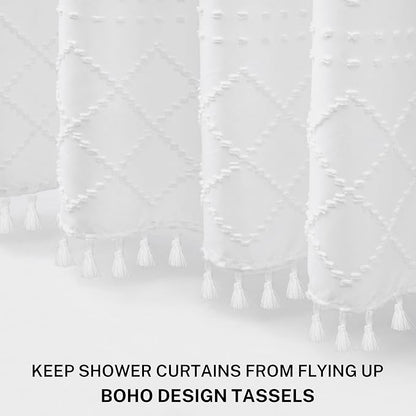 Extra Long Boho White Woven Fabric Shower Curtain with Tassels 54 x 78 Modern Farmhouse Minimalist, Tufted Chevron Striped Shabby Chic Textured, Water Resistant Cloth Curtain for Bathroom, Hotel Decor