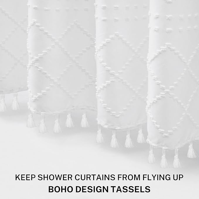 Stall Boho White Woven Fabric Shower Curtain with Tassels 54 x 72 Modern Farmhouse Minimalist Tufted Chevron Striped Shabby Chic Textured, Water Resistant Curtain for Bathroom, Hotel Decor