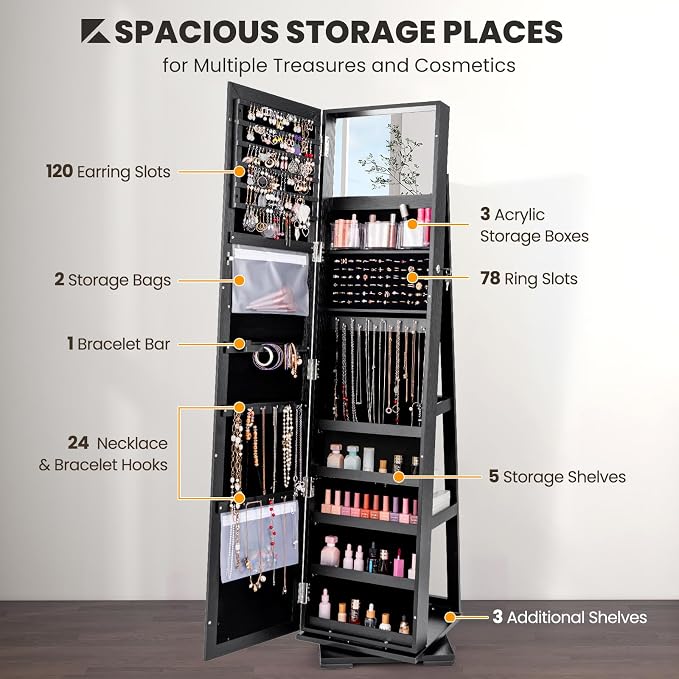 CHARMAID 360° Swivel Jewelry Armoire with Full Length Mirror, Standing Lockable Jewelry Cabinet Organizer, Large Storage Capacity, Inside Makeup Mirror, Back Storage Shelves (Black)