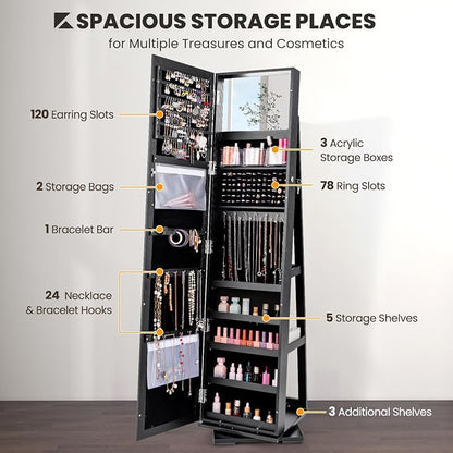 CHARMAID 360° Swivel Jewelry Armoire with Full Length Mirror, Standing Lockable Jewelry Cabinet Organizer, Large Storage Capacity, Inside Makeup Mirror, Back Storage Shelves (Black)