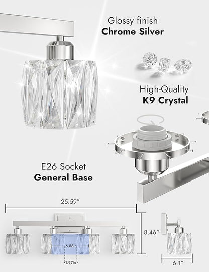 VOLISUN Crystal Vanity Lights for Bathroom, 4 Light Bathroom Vanity Light, Modern Stainless Steel Bathrooms Lights Over Mirror, Chrome Bathrooms Lights Fixtures-UL Certificated(Exclude Bulb)