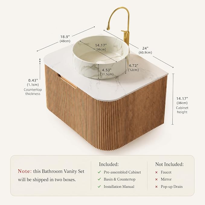 24 Inch Bathroom Vanity with Sink, Floating Wall Mounted Single Sink Vanity for Small Baths, Natural Woodgrain Curved Fluted Front, Stone Top, Marble-Look Round Vessel Basin, Pre-Assembled