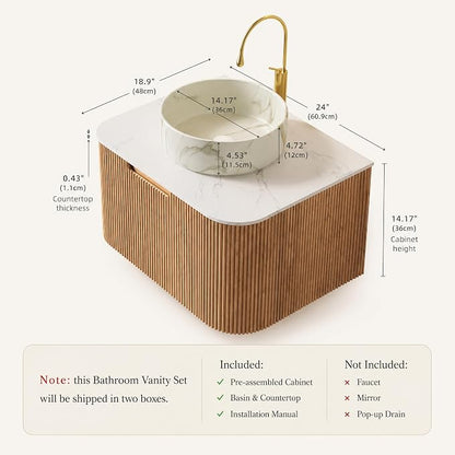 24 Inch Bathroom Vanity with Sink, Floating Wall Mounted Single Sink Vanity for Small Baths, Natural Woodgrain Curved Fluted Front, Stone Top, Marble-Look Round Vessel Basin, Pre-Assembled