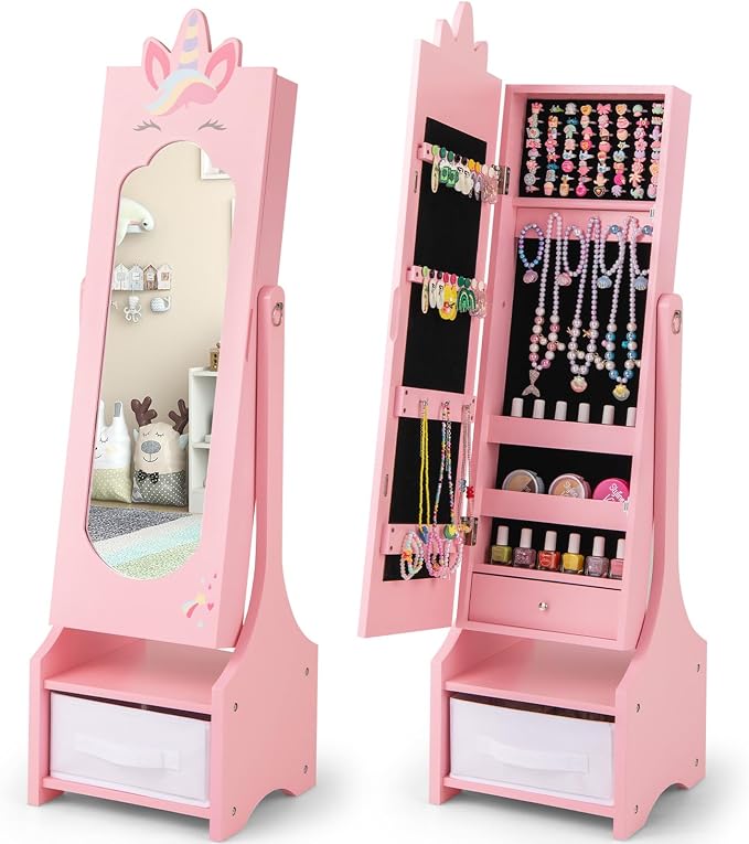 CHARMAID Kids Jewelry Cabinet - 45.5" Standing Armoire With Full Length Mirror, Organizer With Storage Drawers, Vanity Dressing Mirror for Girls (Pink)