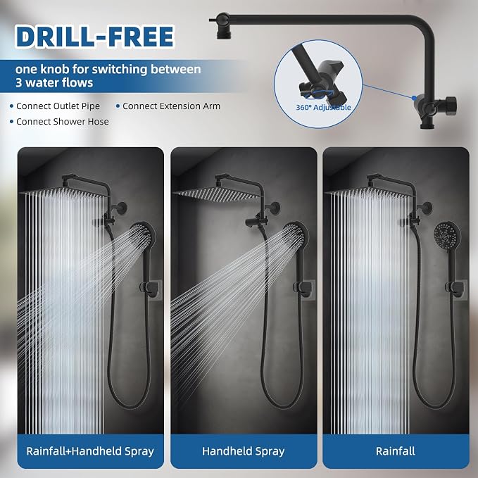 12" Metal Rainfall Shower Head with 10-Mode Handheld, Matteblack | NSF/ANSI/CAN 372 Certified, High Pressure Showerhead Combo with 11" Adjustable Shower Arm, 71" Hose, Shower Head Holder