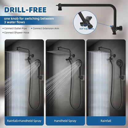 12" Metal Rainfall Shower Head with 10-Mode Handheld, Matteblack | NSF/ANSI/CAN 372 Certified, High Pressure Showerhead Combo with 11" Adjustable Shower Arm, 71" Hose, Shower Head Holder