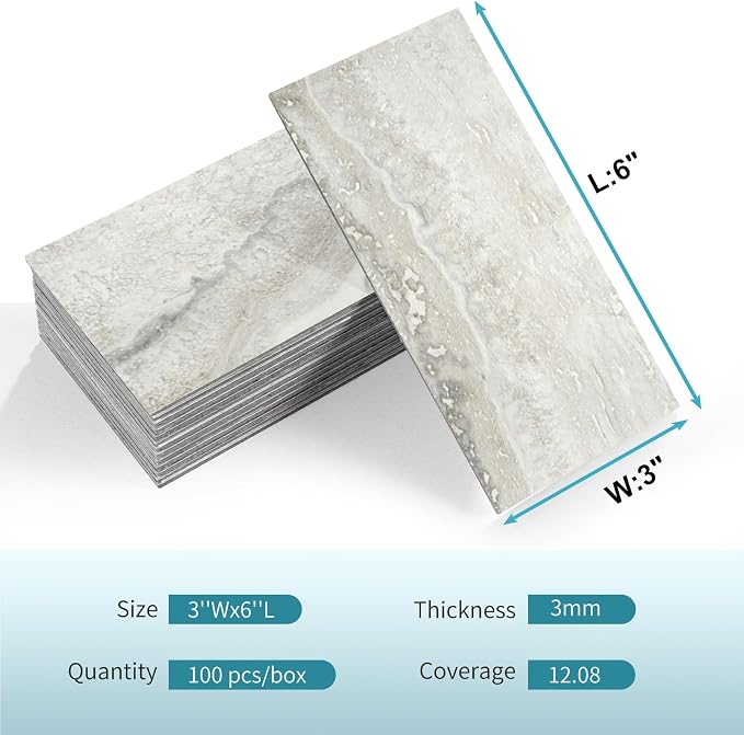 Vamos Tile 100-Piece Matt Beige Mixed Grey Slate Peel and Stick Backsplash Seamless Tile,3''x6'' PVC Subway Tile,Stick on Backsplash for Kitchen/Bathroom/Laundry Room