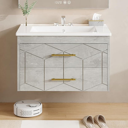 Garvee 24" Bathroom Vanity with Sink, Floating Bathroom Vanity with Ceramic Basin, 2 Large Storage Drawers with Gold Metal Handle, Modern Wall Mounted Bathroom Cabinet with Sink, Grey