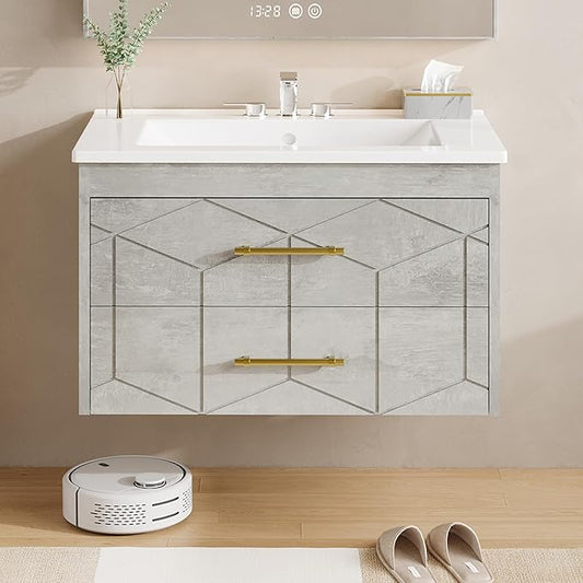 Garvee 24" Bathroom Vanity with Sink, Floating Bathroom Vanity with Ceramic Basin, 2 Large Storage Drawers with Gold Metal Handle, Modern Wall Mounted Bathroom Cabinet with Sink, Grey