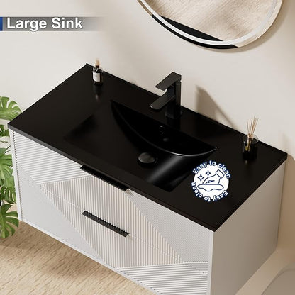 LUCKWIND 36" Floating Bathroom Vanity with Black Sink Combo, Wall Mounted Floating Cabinet with 2 Large Soft-Close Drawers & Water Saving Faucet, Geometric Textured Design in White