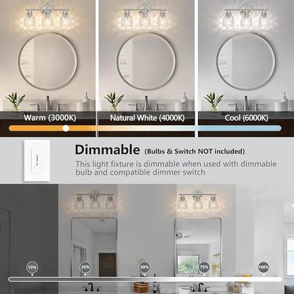 3-Light Bathroom Light Fixtures, Brushed Nickel Vanity Lights Over Mirror | Modern Farmhouse Wall Sconces with Hammered Glass Lampshade for Kitchen Hallway Bedroom Living Room Cabinet Porch-18.1IN