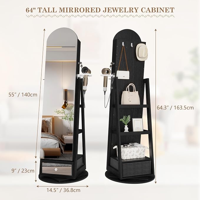 LVSOMT 64" H Arched LED Mirror Jewelry Cabinet Standing, Black | 360° Swivel Full-Length Mirror with Storage, Lockable Jewelry Organizer with Inner Makeup Shelf, Gift for Women