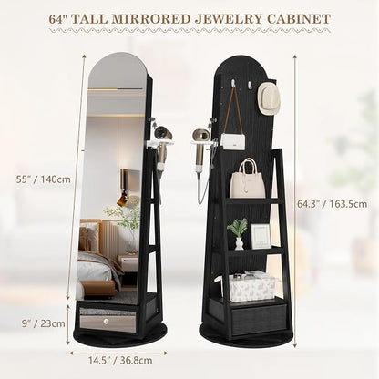 LVSOMT 64" H Arched LED Mirror Jewelry Cabinet Standing, Black | 360° Swivel Full-Length Mirror with Storage, Lockable Jewelry Organizer with Inner Makeup Shelf, Gift for Women