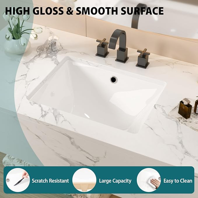 20-1/4“x15-1/8” White Ceramic Undermount bathroom sink | Under Counter Lavatory Vanity Sinks Basin for Bathroom