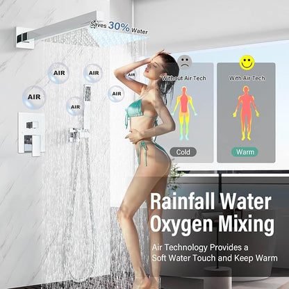 Shower Faucet Polished Chrome Shower System with 8 Inches Rain Shower Head and Handheld Spray Bathroom Luxury Rain Shower Faucet Set Complete Wall Mounted