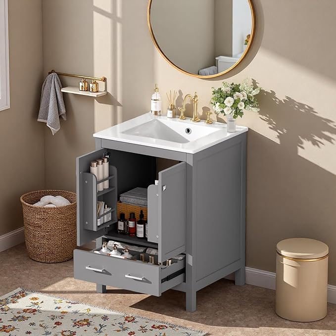 24" Freestanding Bathroom Vanity with Sink, Floor Stand Bathroom Storage Cabinet with Ceramic Sink, Door with Double-Layered Storage Shelves, Modern Compact Vanity with Divided Drawer, Gray