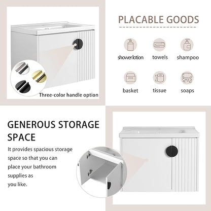 SSLine 28" Wall-Mount Bathroom Vanity Modern Floating Bathroom Vanity Set with Ceramic Sink Basin & Storage Cabinet 28-Inch Luxury White Small Bathroom Vanities with Round Metal Handles