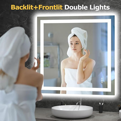 Hivone 36"X36" LED Bathroom Mirror with Lights, Anti-Fog, Dimmable, Backlit + Front Lit, Smart Bathroom Vanity Mirror, Memory Function, Shatterproof, Tempered Glass (Horizontal/Vertical)