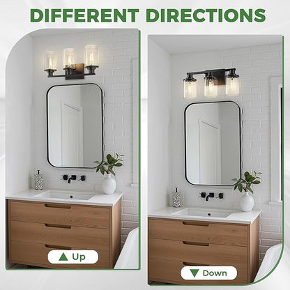DORESshop 17 Inch Bathroom Light Fixtures, 3-Light Black Bathroom Lighting Fixtures Over Mirror with Glass Shade, Modern Vanity Lights for Hallway Bedroom, Includes Bulbs