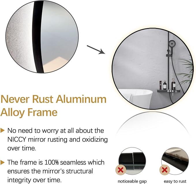 Niccy Round LED Bathroom Mirrors, Black Framed Backlit Vanity Mirror, 48" | LED Smart Circle Mirror with 3 Color Lighting, Anti-Fog Lighted, IP65 Waterproof, Wall Mounted Bathroom Vanity